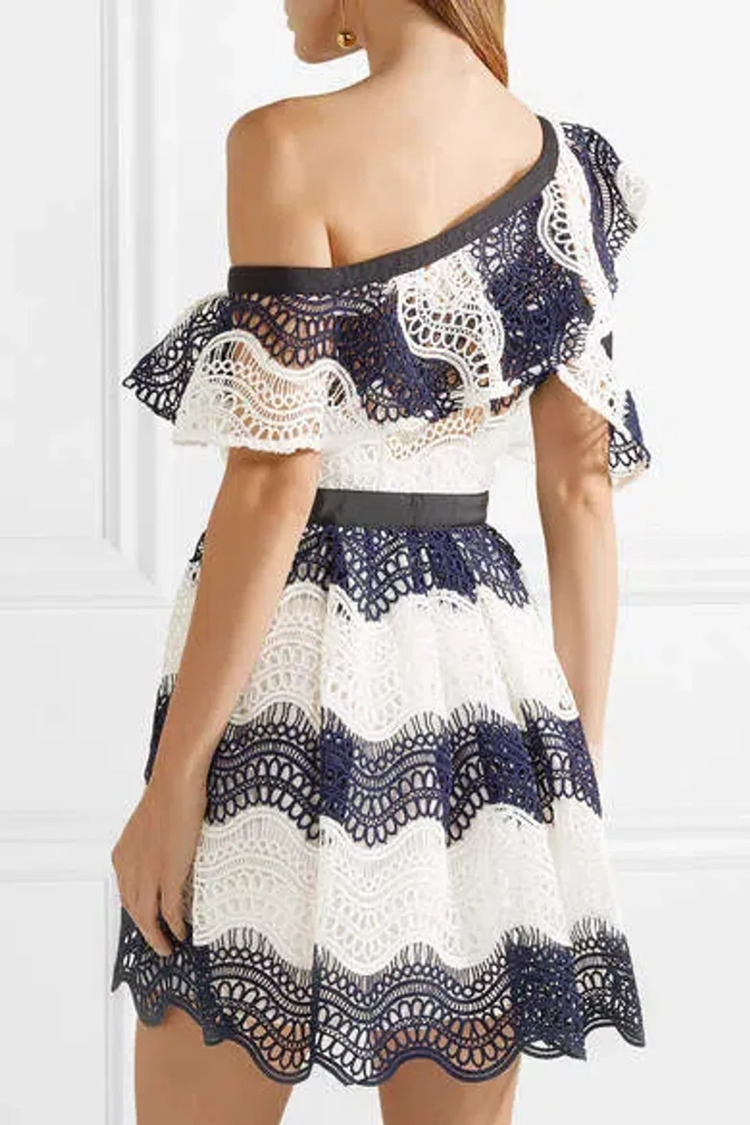 Self Portrait One Shoulder Striped Guipure Lace Mini Dress Navy/White Size 12 for rent on The Volte - main image