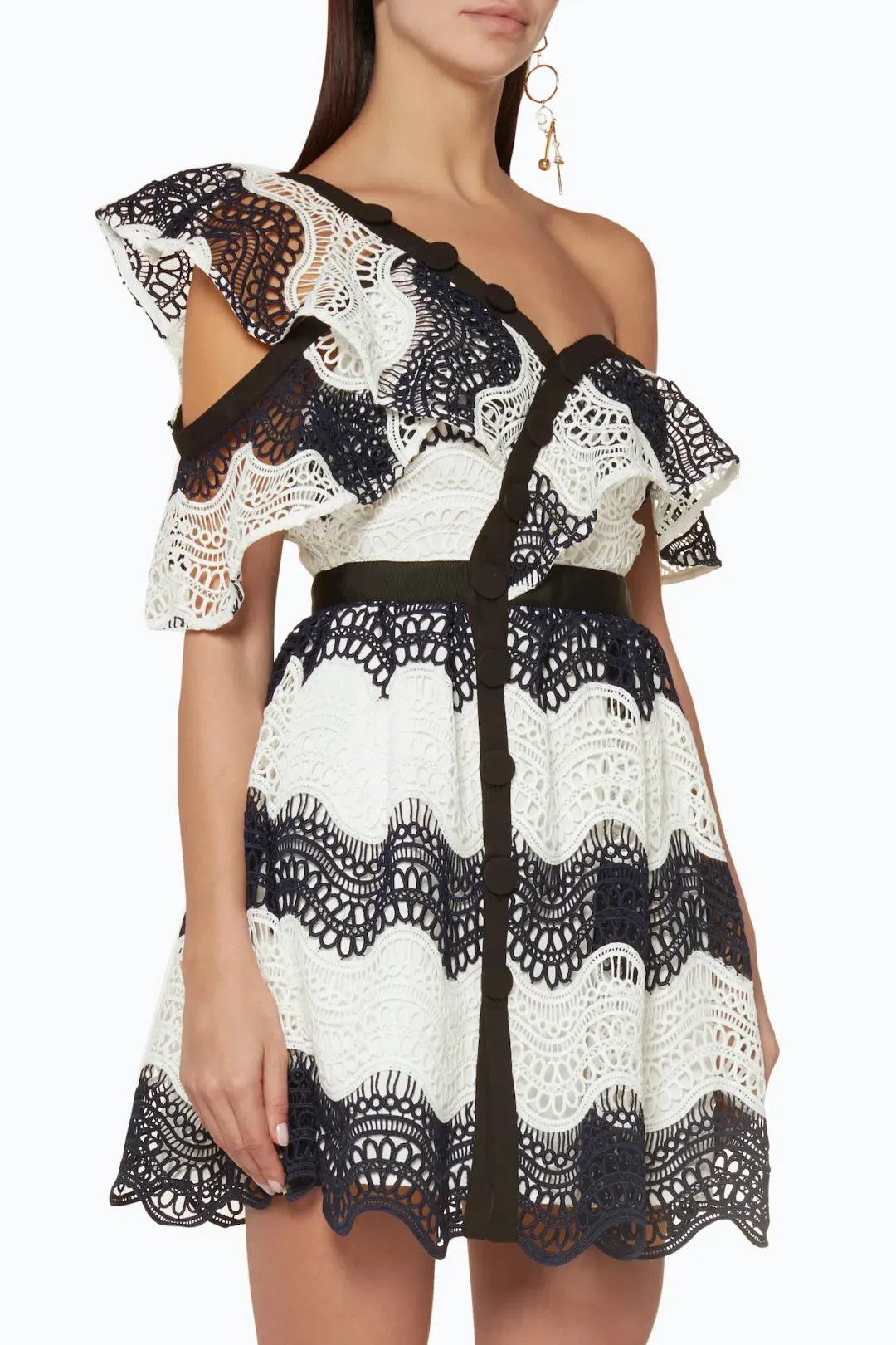 Self Portrait One Shoulder Striped Guipure Lace Mini Dress Navy/White Size 12 for rent on The Volte - main image