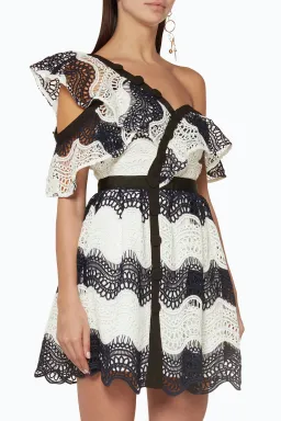 Self Portrait One Shoulder Striped Guipure Lace Mini Dress Navy/White Size 12 for rent on The Volte - image 2