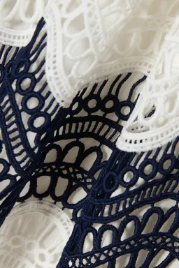 Self Portrait One Shoulder Striped Guipure Lace Mini Dress Navy/White Size 12 for rent on The Volte - image 7