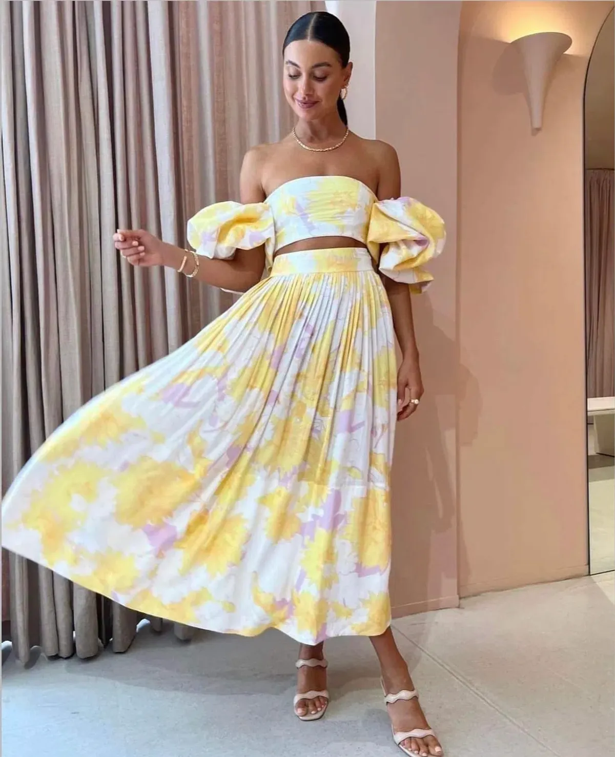 Leo Lin Simone Puff Top & Elina Skirt Set Jasmine Print in Sun Size 12 for rent on The Volte - main image