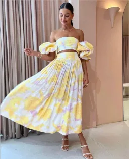 Leo Lin Simone Puff Top & Elina Skirt Set Jasmine Print in Sun Size 12 for rent on The Volte - image 1