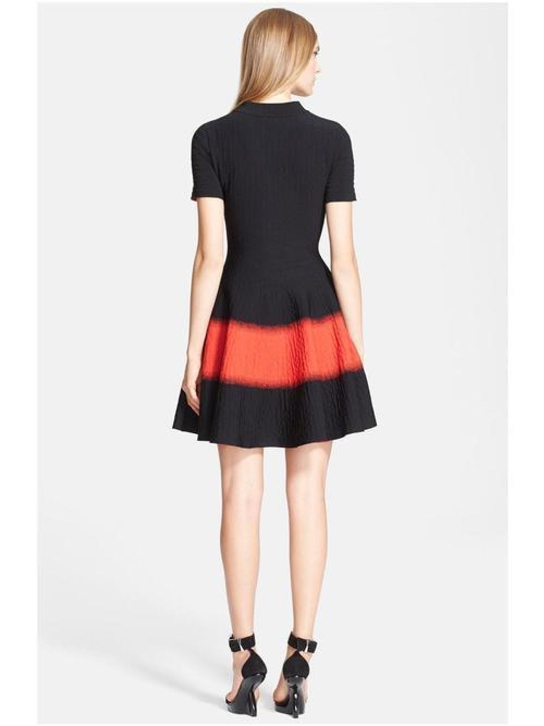 Alexander McQueen Red and Black Textured Fit & Flare Dress size 8 for rent on The Volte - main image