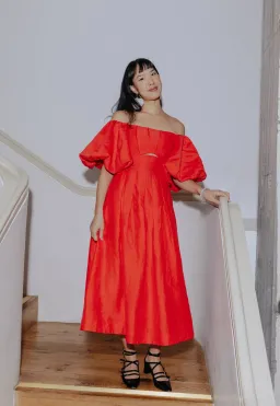 Aje Eugenie Off Shoulder Midi Dress Scarlet Red Size 8 for rent on The Volte - image 1