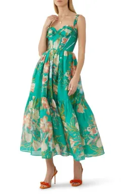 Leo Lin Rose Bustier Midi Dress In Opulent Print in Verdant Size 6 for rent on The Volte - image 1