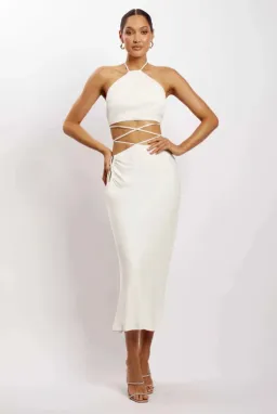 MESHKI Leanne Halter Tie Front Midi Dress White Size 6 for rent on The Volte - image 1