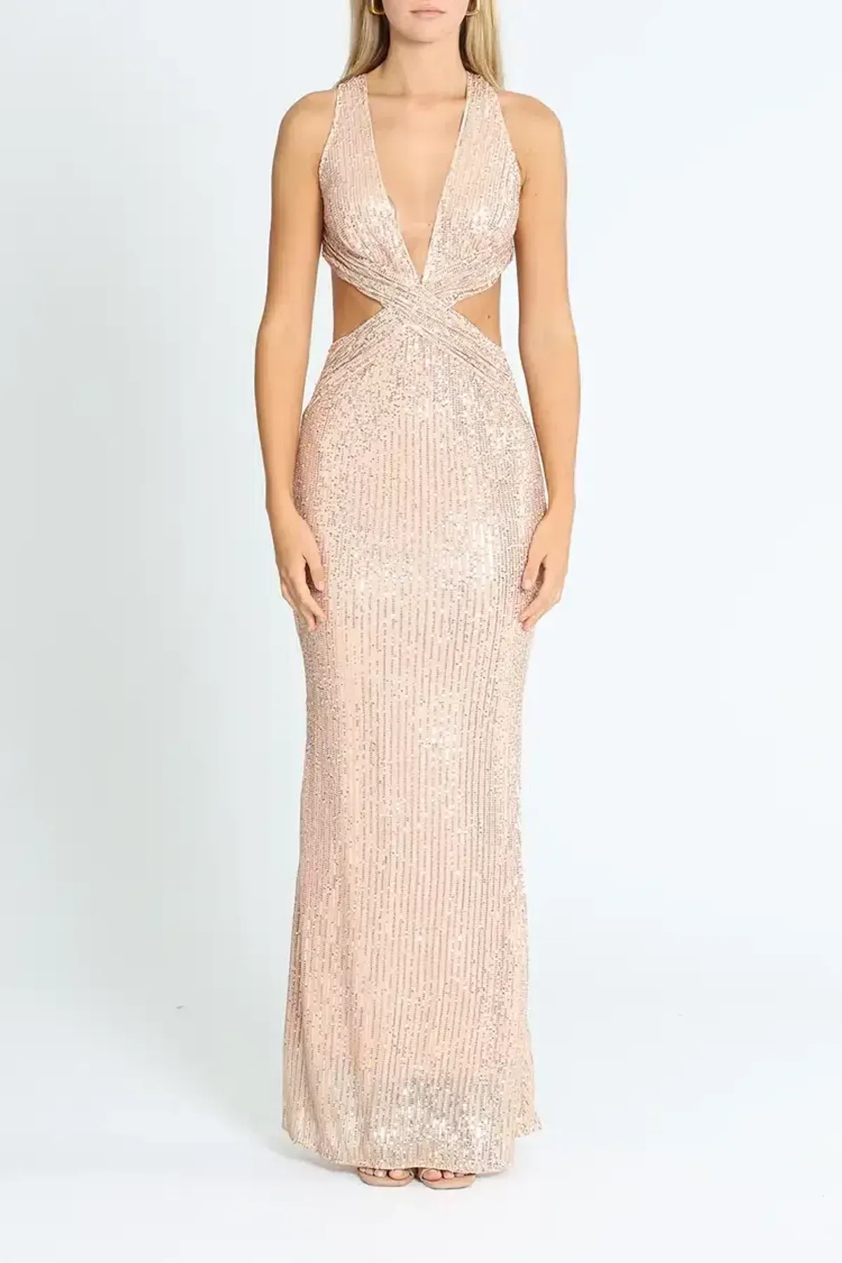 Elle Zeitoune Cut Out Detailed Sequin Gown Rose Gold Size 14 - Image 1