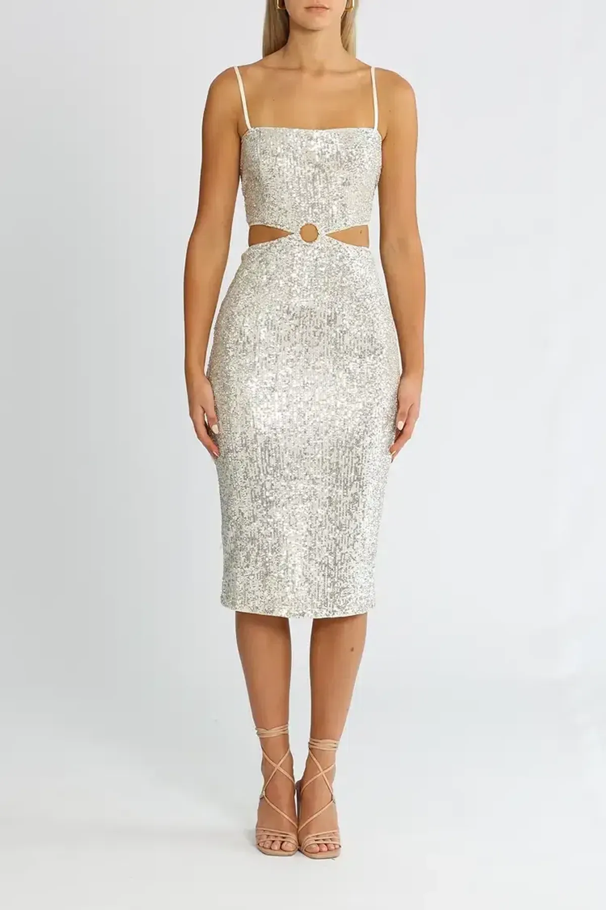 Elle Zeitoune Cut Out Sequin Midi Dress Silver Size 8 - Image 1