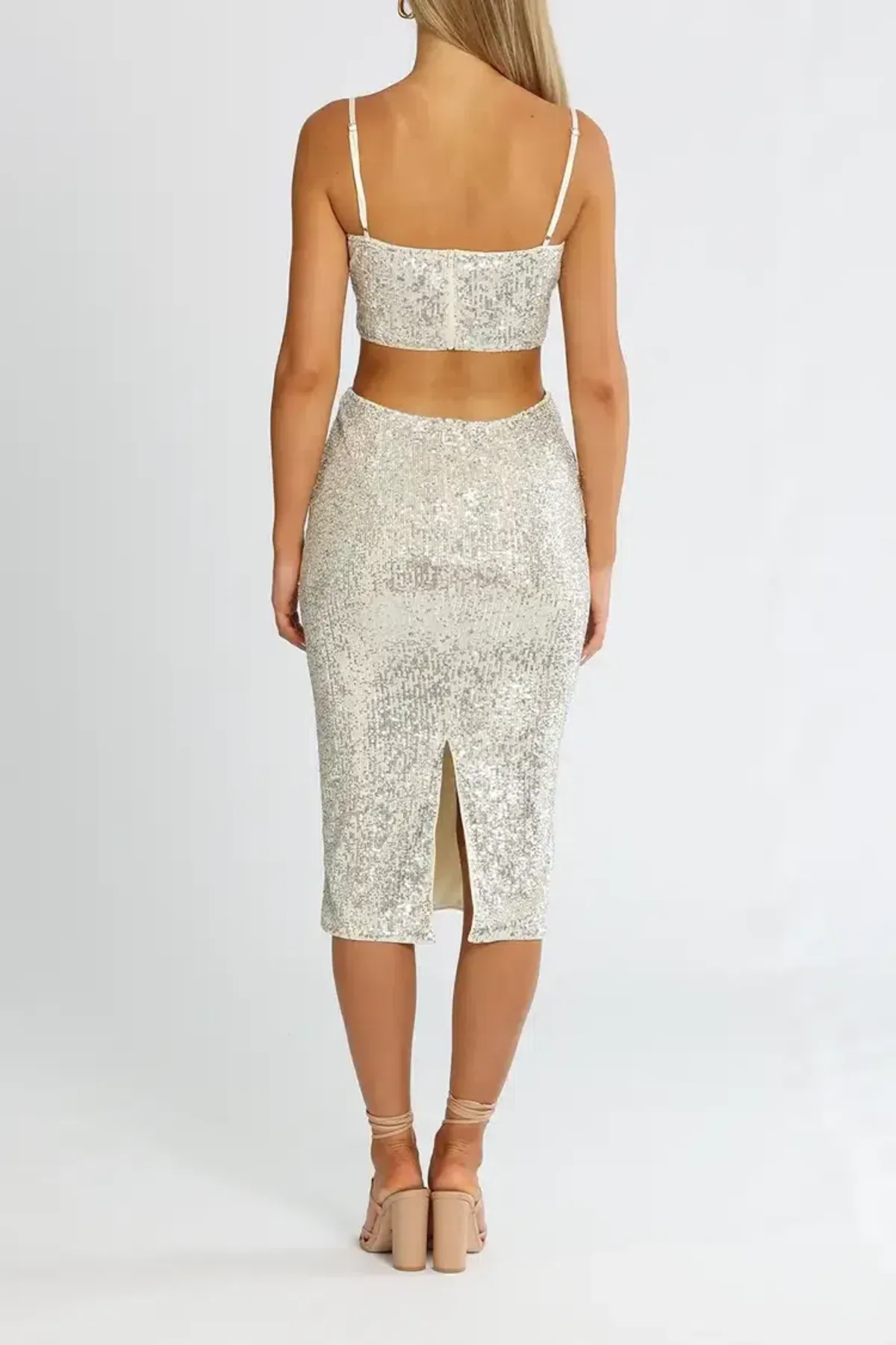 Elle Zeitoune Cut Out Sequin Midi Dress Silver Size 8 - Image 3