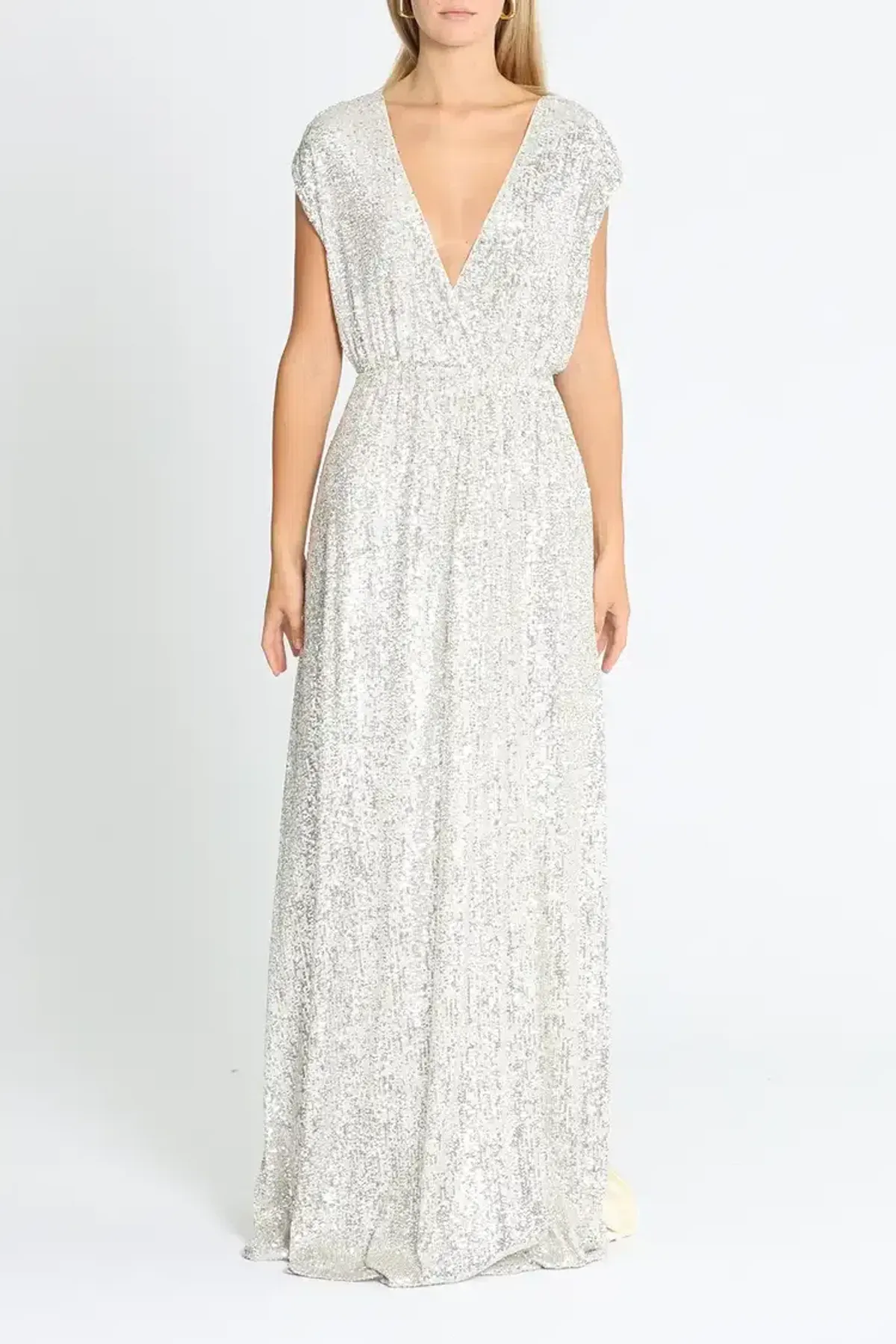 Elle Zeitoune Wrap Style V Neck Sequin Gown Silver Size 14 - Image 1