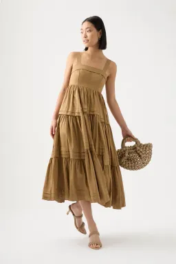Aje Sophie Tiered Midi Dress in Willow Brown Size 10 for rent on The Volte - image 1