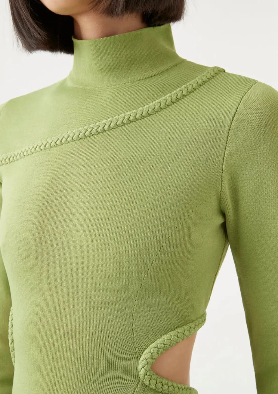 Aje Amelie Braided Cut Out Knit Dress in Olive Green Size M/Au 12 for rent on The Volte - main image