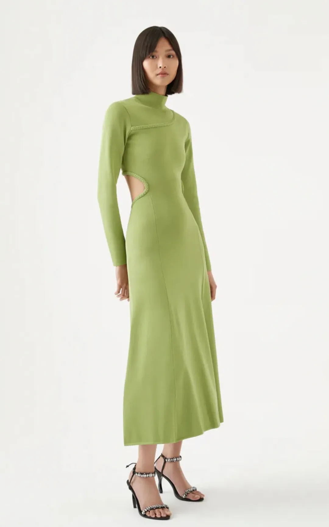 Aje Amelie Braided Cut Out Knit Dress in Olive Green Size M/Au 12 for rent on The Volte - main image