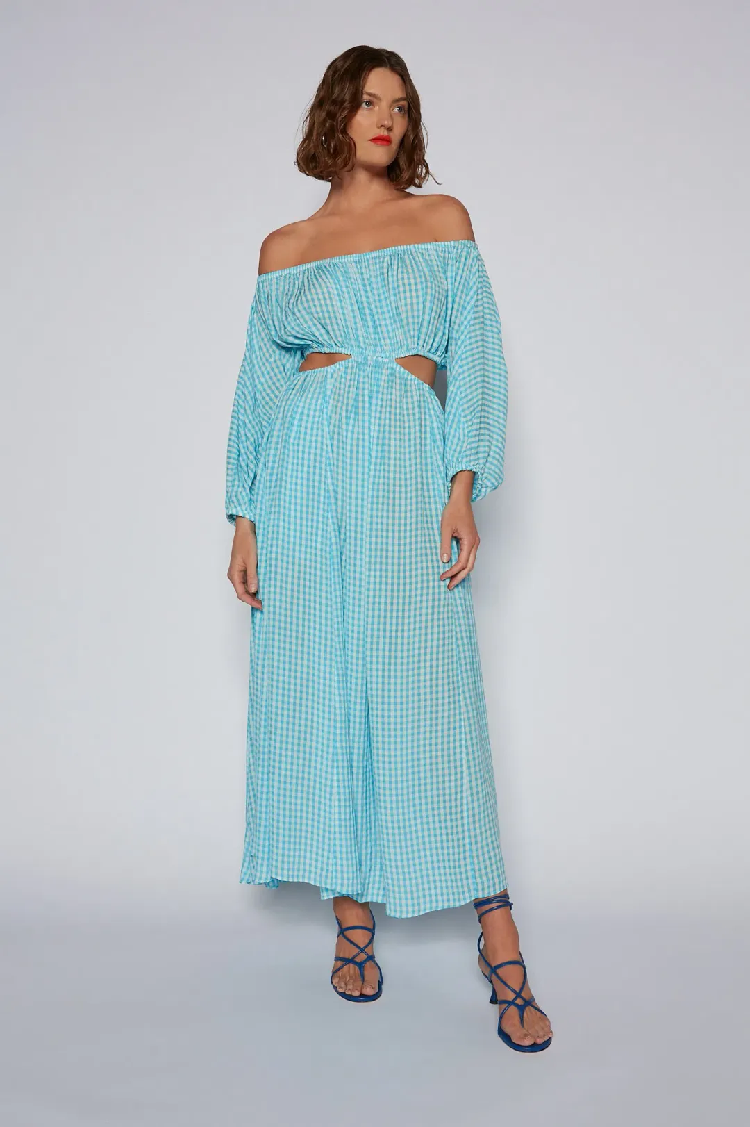 Scanlan Theodore Gingham Cutout Dress in Sky Size 6 for rent on The Volte - main image