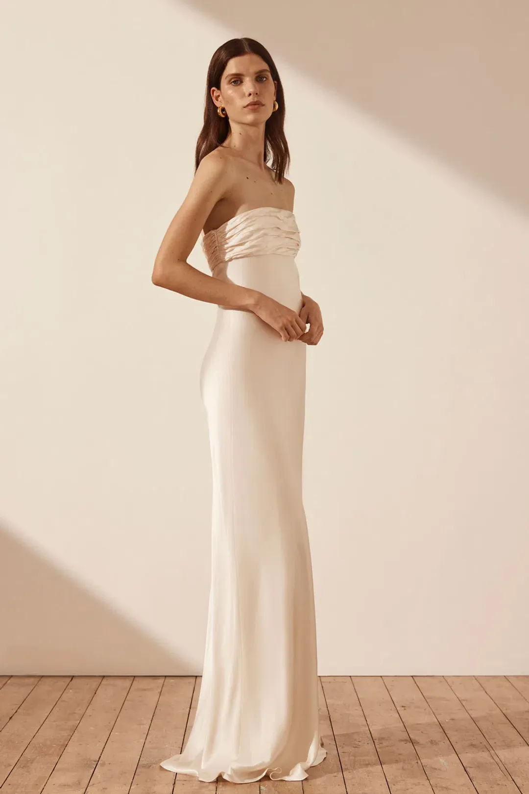 Shona Joy La Lune Strapless Ruched Bodice Maxi Dress in Cream Size 10 for rent on The Volte - main image