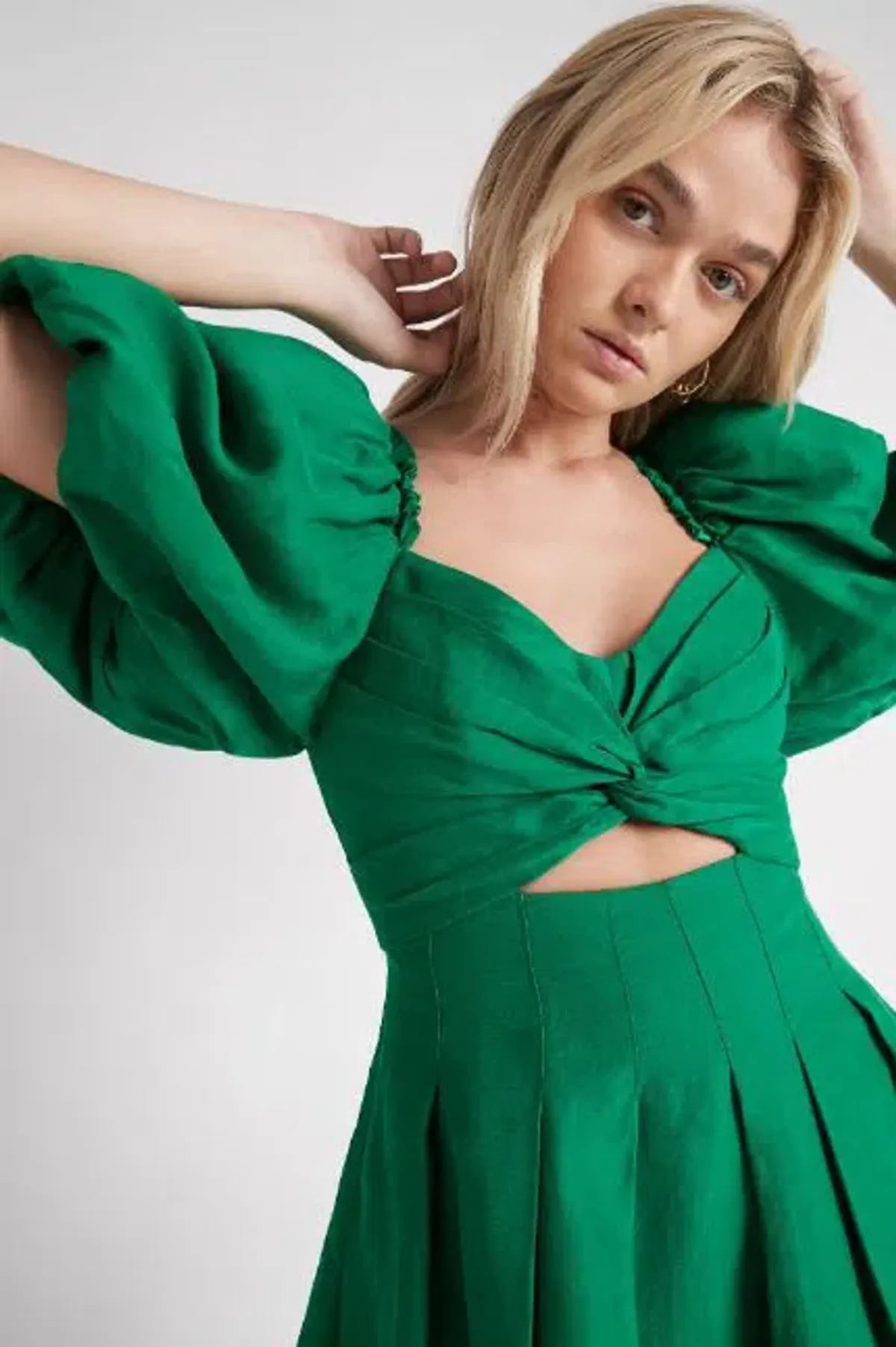 Aje Dusk Knot Puff Sleeve Mini Dress Emerald Green Size 10 - Image 2