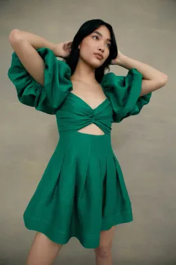 Aje Dusk Knot Puff Sleeve Mini Dress Emerald Green Size 10 for rent on The Volte - image 3
