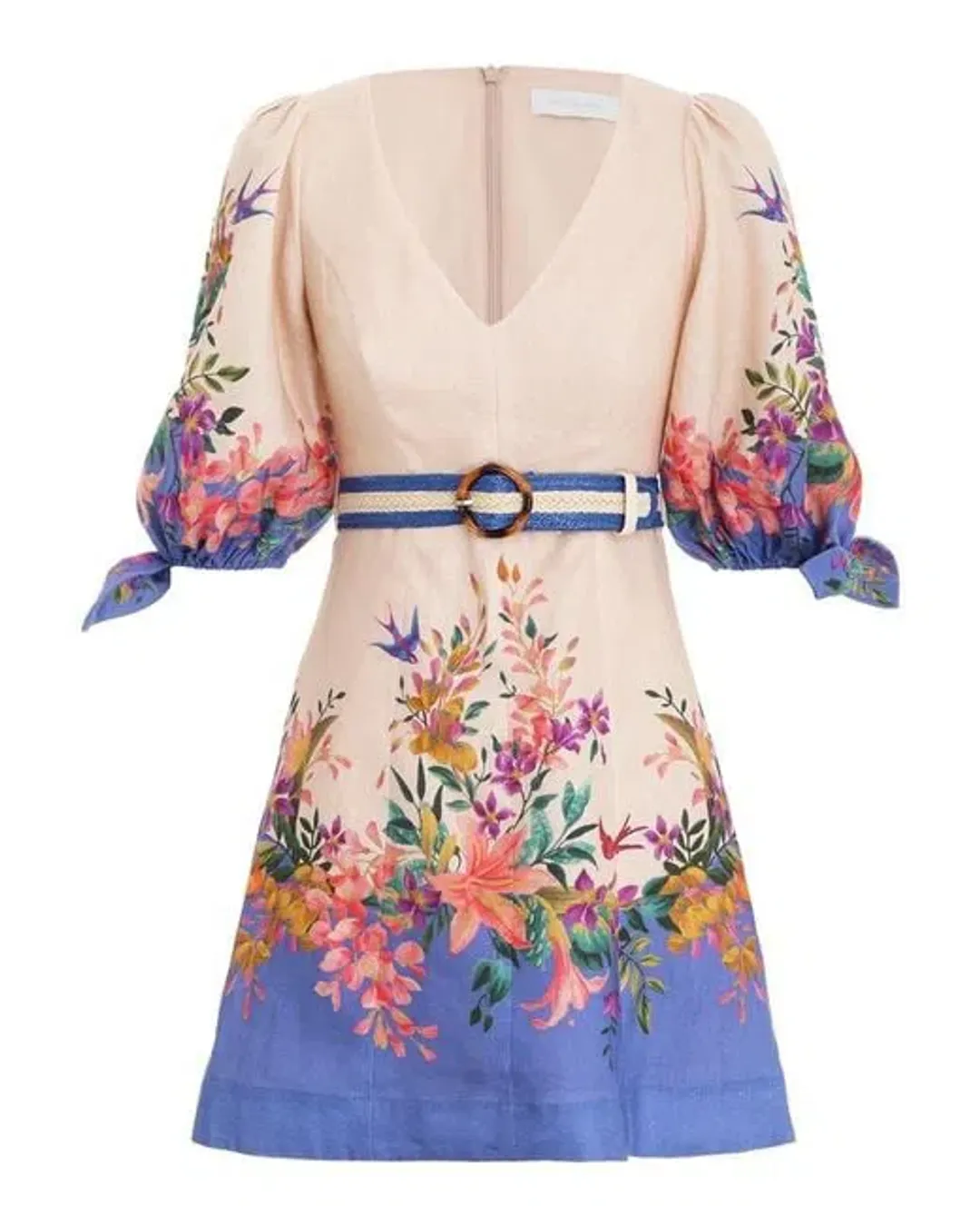 Zimmermann Tropicana Tie Sleeve Mini Dress Blue Floral Size 8 for rent on The Volte - main image