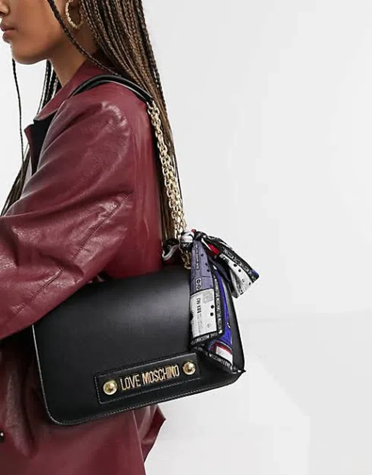 Love Moschino Logo Printed Crossbody With Scarf Bag Black for rent on The Volte - main image