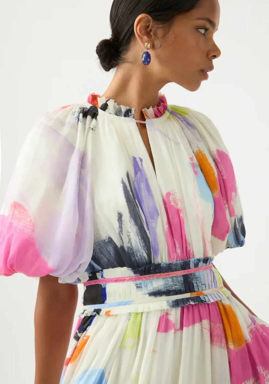 Aje Elysium Blouson Midi Dress Abstract Sunset Print Size 8 for rent on The Volte - main image
