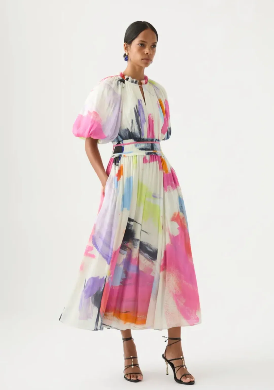 Aje Elysium Blouson Midi Dress Abstract Sunset Print Size 8 for rent on The Volte - main image
