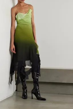 Acne Studios Asymmetric Ruffled Ombré Chiffon Midi Dress Green AU Size 6 for rent on The Volte - image 1