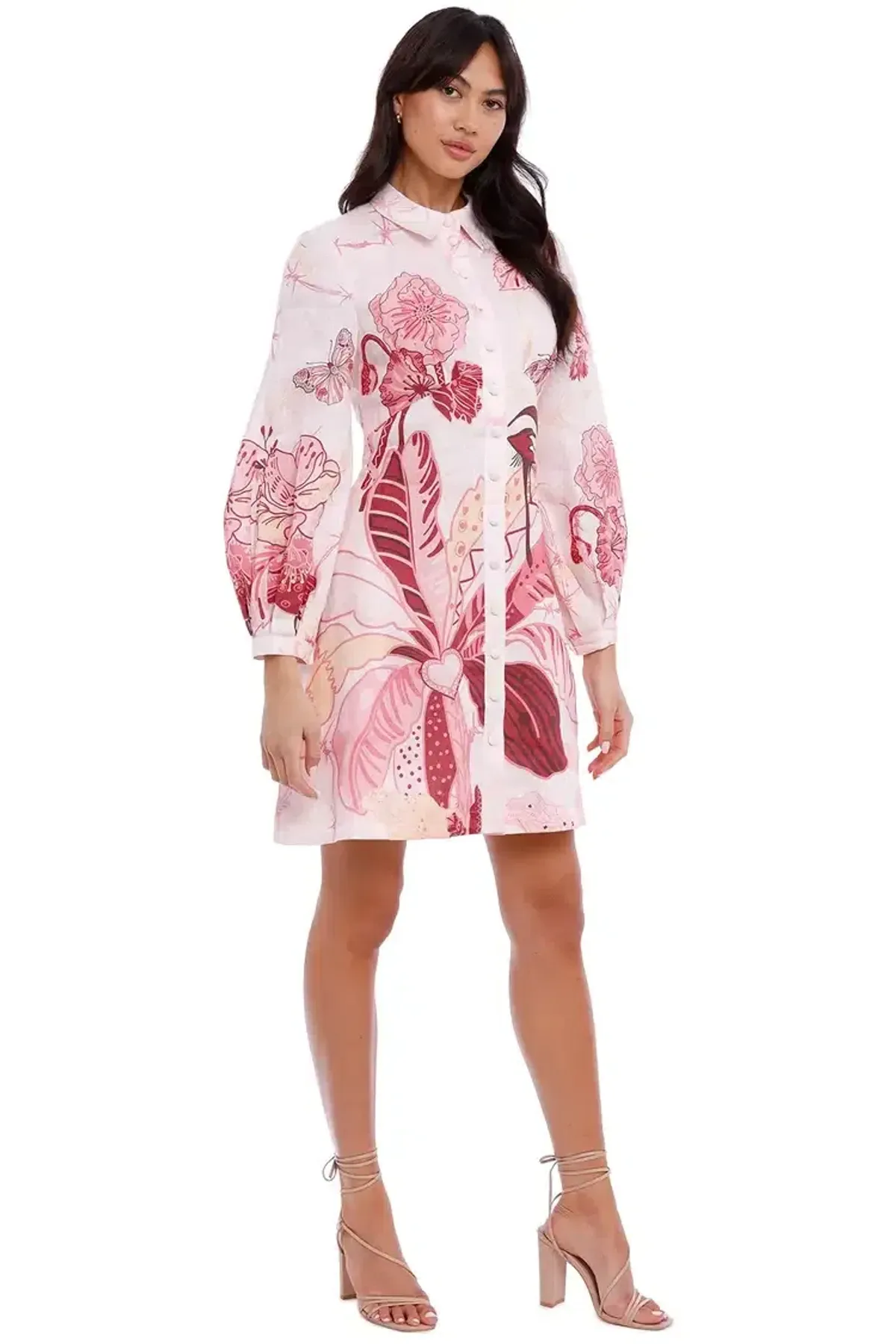 Leo Lin Amor Linen Mini Dress Pink Print Size 10 - Image 1