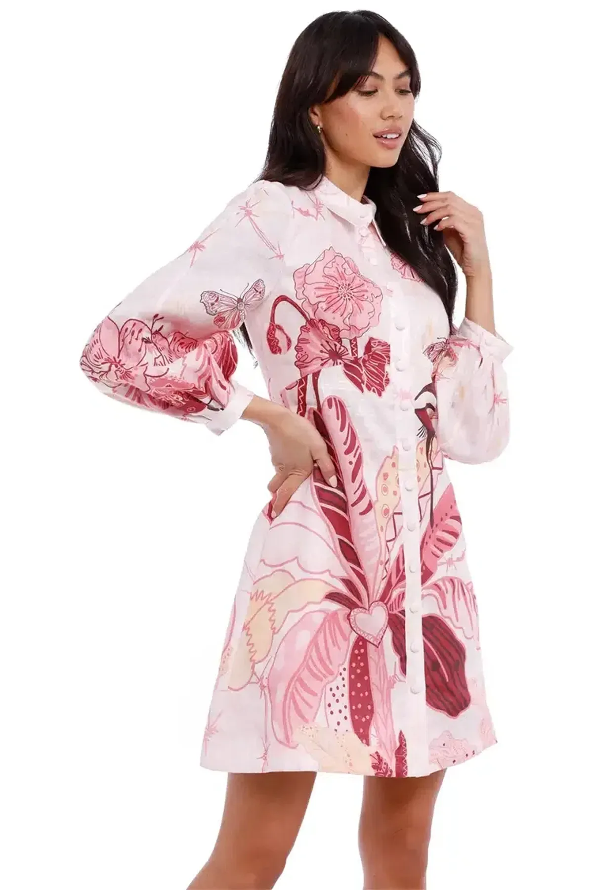 Leo Lin Amor Linen Mini Dress Pink Print Size 8 - Image 5