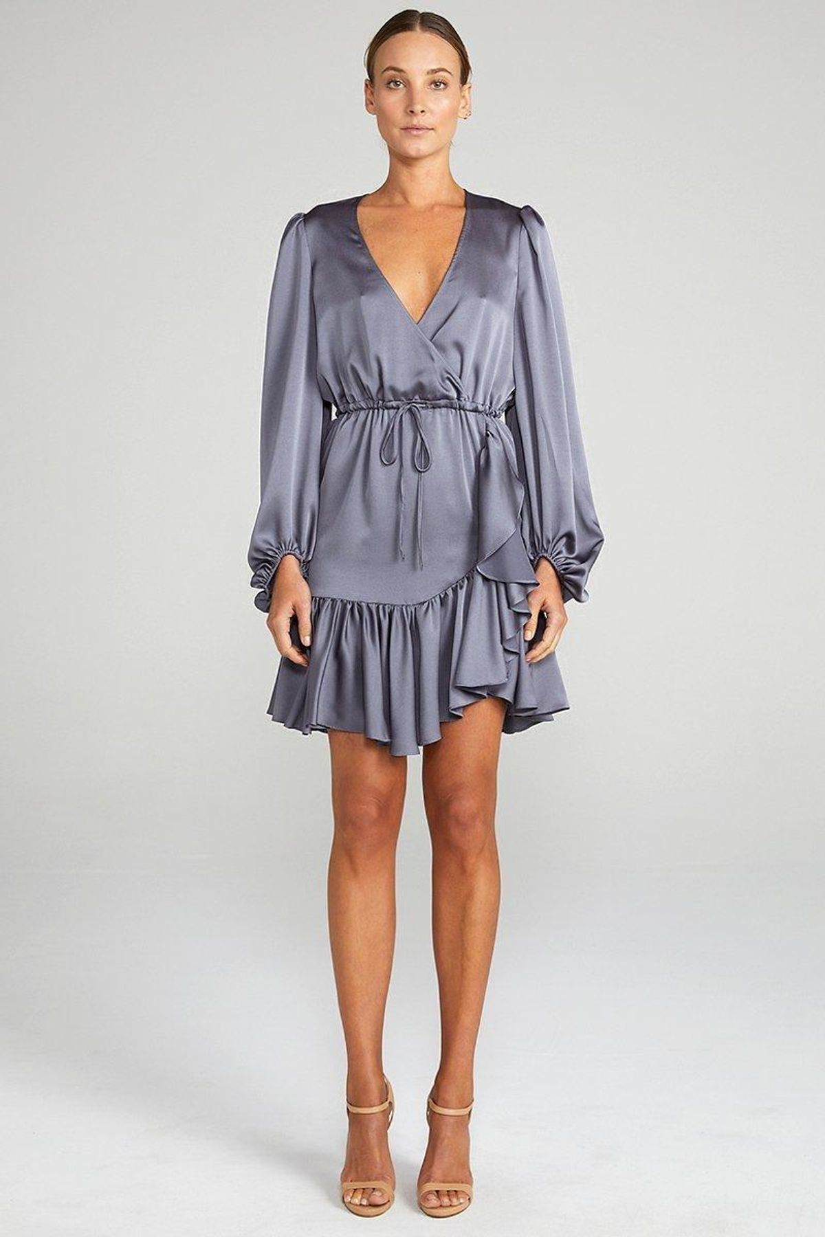 ANNA PUFF SLEEVE DRAWSTRING MINI DRESS - CHARCOAL for rent on The Volte - main image