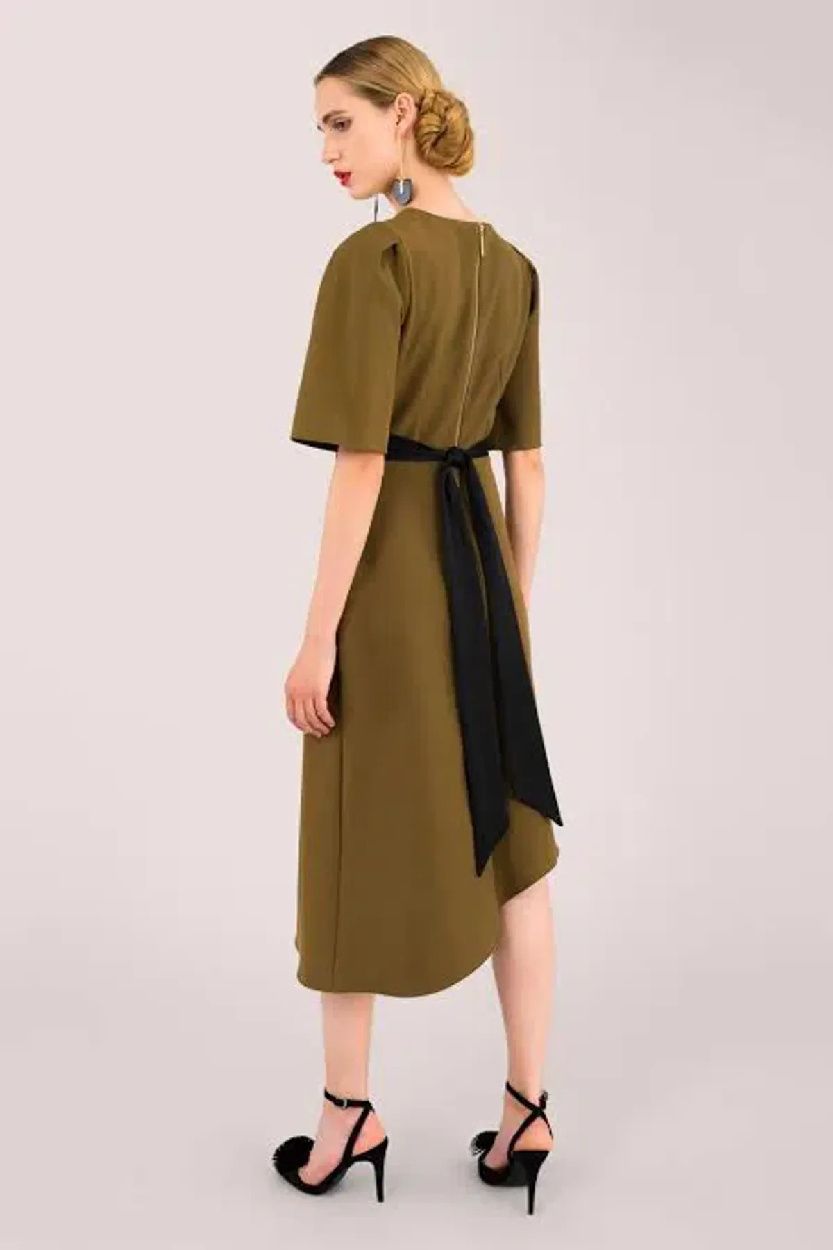 Closet London A-Line Pleated Asymmetrical Midi Dress Khaki Size 12 - Image 2