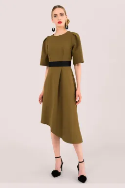 Closet London A-Line Pleated Asymmetrical Midi Dress Khaki Size 12 for rent on The Volte - image 1