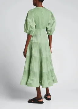 Zimmermann Pleated Balloon Sleeve Tiered Dress In Fern Size 2/Au 12 for rent on The Volte - image 2