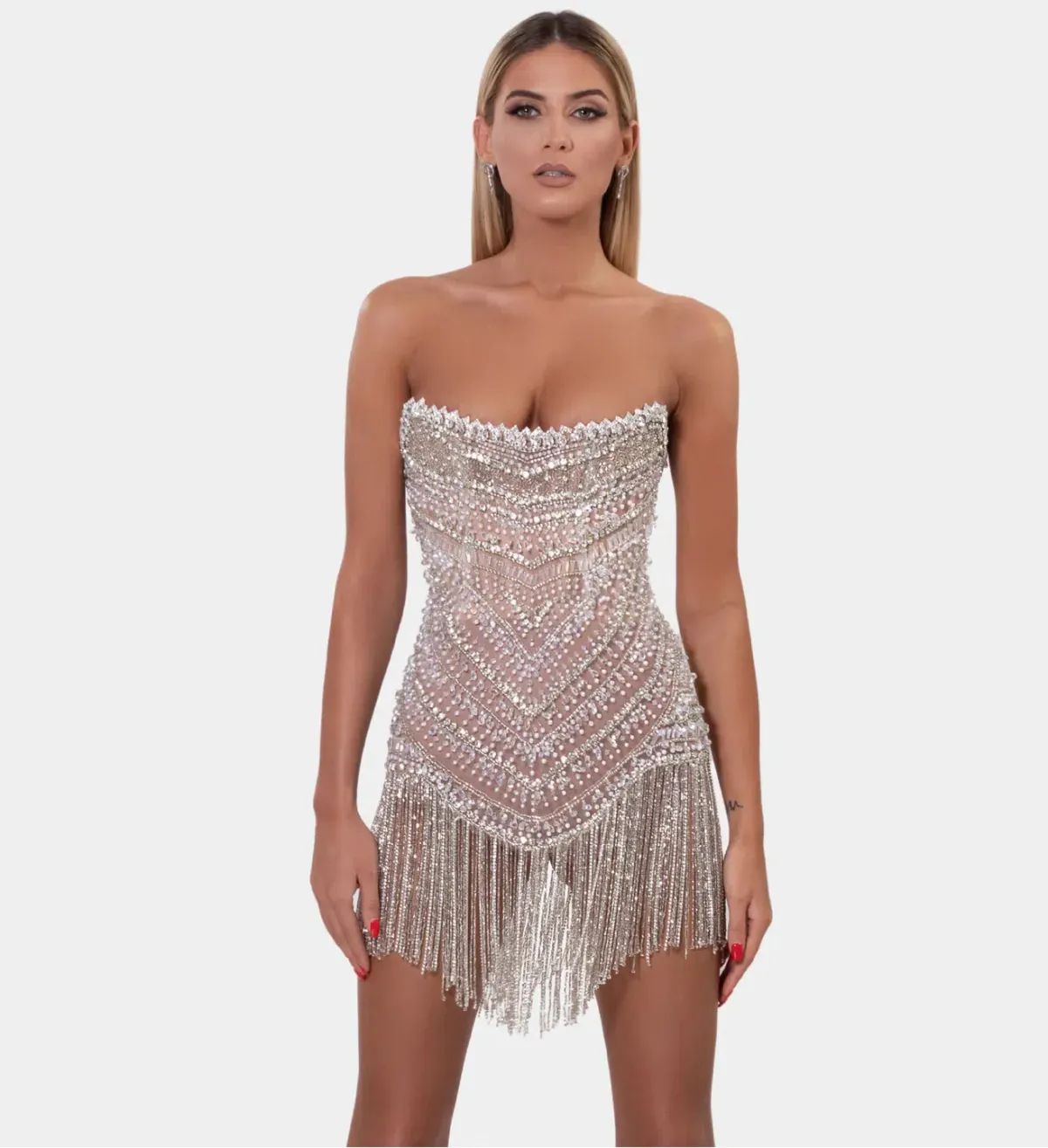 Albina Dyla Mini Silver/nude Corset Tassel Dress Silver/Nude Size 10 - Image 2