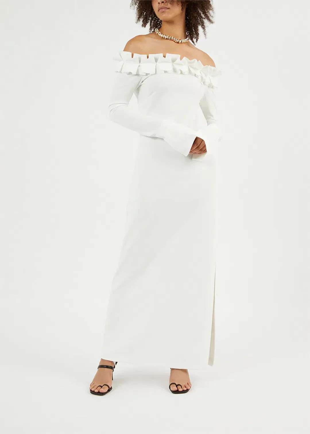 Aaizel Ruffle Off Shoulder Maxi Dress White Size 10 for rent on The Volte - main image