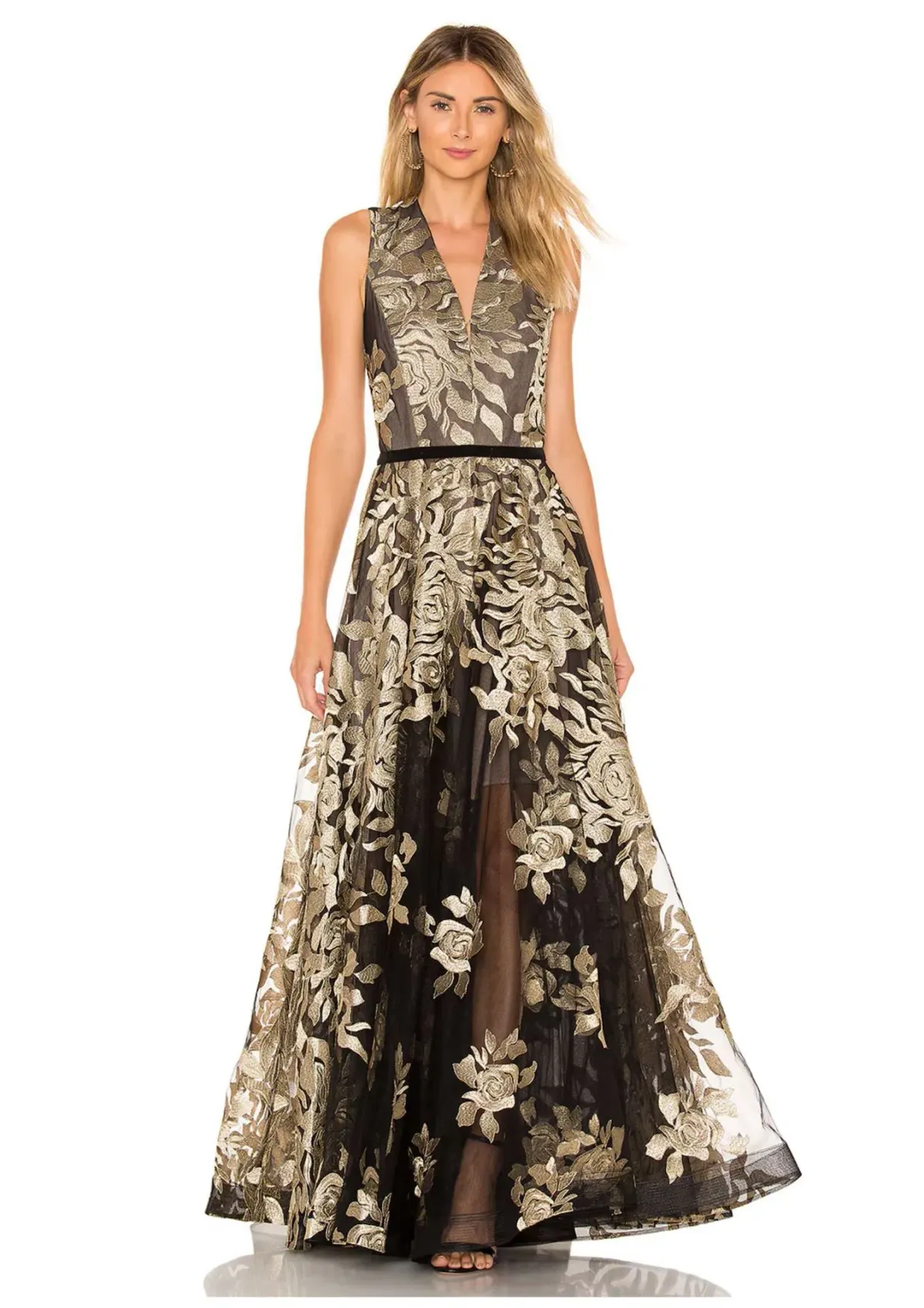 Bronx and Banco Golden Rose Gown Gold/Black Floral Size 8 for rent on The Volte - main image