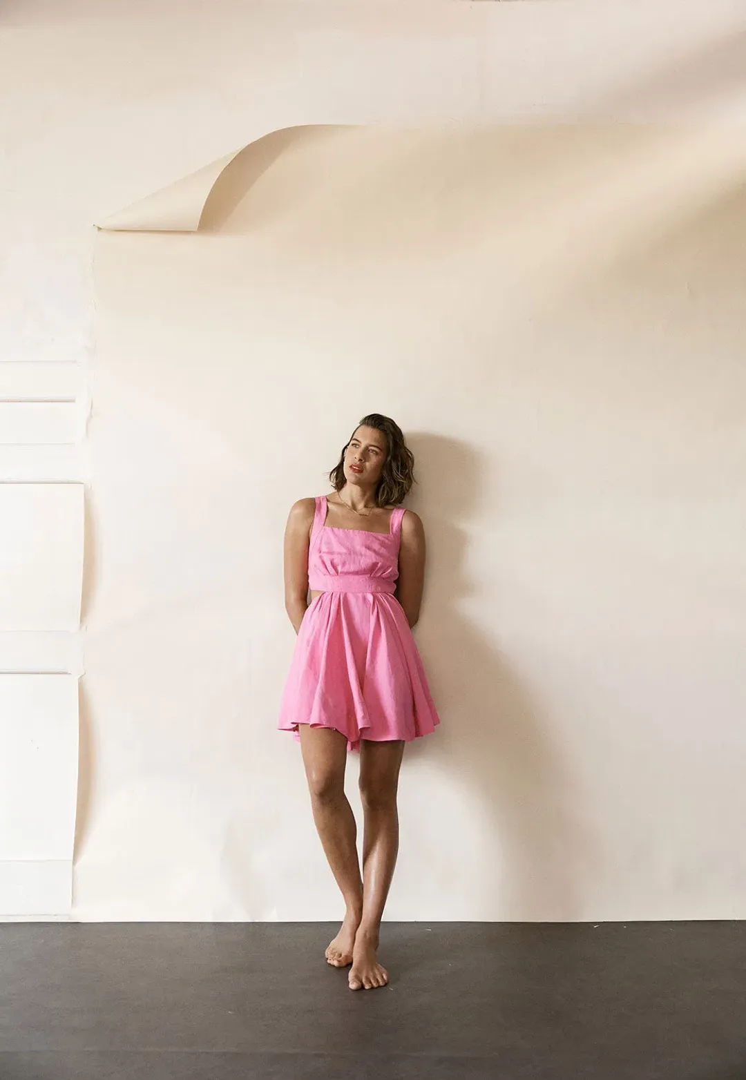 Aje Clara Tie Back Linen Blend Mini Dress Pink Size 10 for rent on The Volte - main image