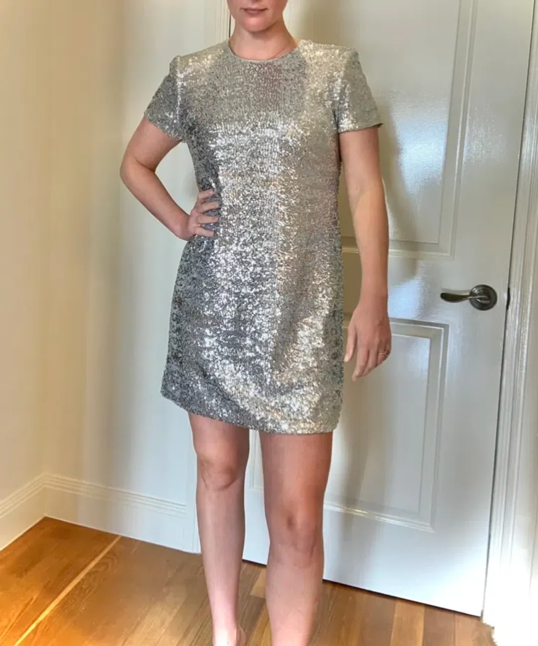 Cue Sequin Shift Mini Dress Silver Size 10 for rent on The Volte - main image