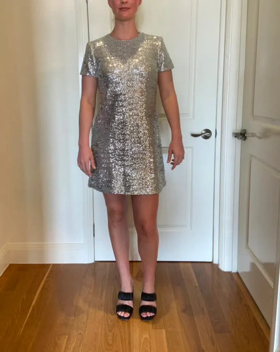 Cue Sequin Shift Mini Dress Silver Size 10 for rent on The Volte - main image