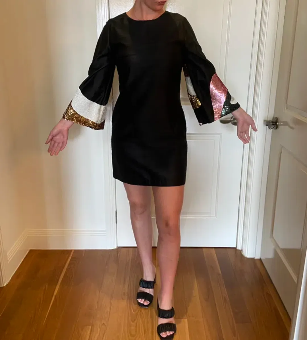 Gorman Batwing Shift Mini Dress with Sequin Sleeves Black Size 10 for rent on The Volte - main image