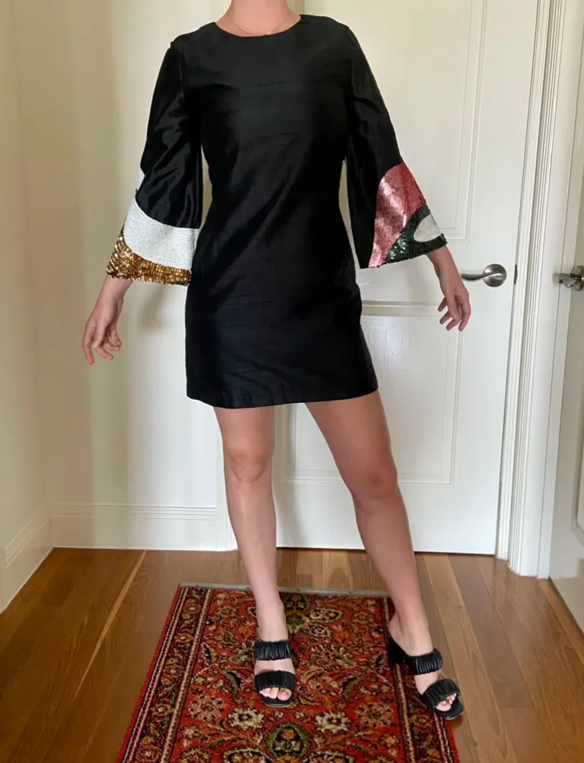 Gorman Batwing Shift Mini Dress with Sequin Sleeves Black Size 10 - Image 1