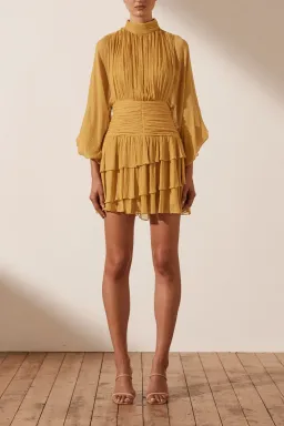 Shona Joy Iris Long Sleeve Ruched Mini Dress Saffron Yellow Size 12 for rent on The Volte - image 1