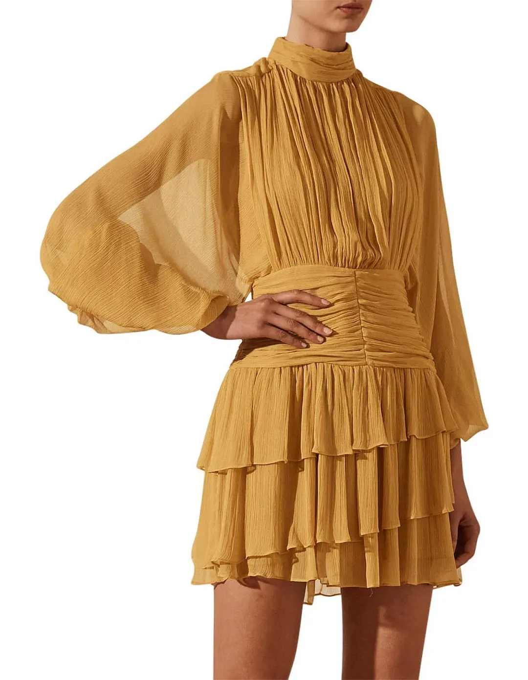 Shona Joy Iris Long Sleeve Ruched Mini Dress Saffron Yellow Size 12 for rent on The Volte - main image