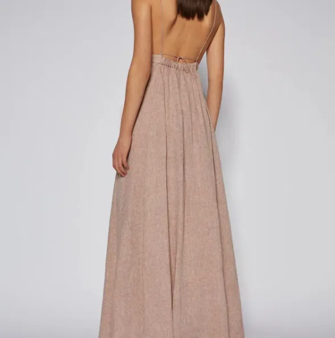 Scanlan Theodore Italian Linen Shoestring Dress Cappuccino Size 6 for rent on The Volte - main image