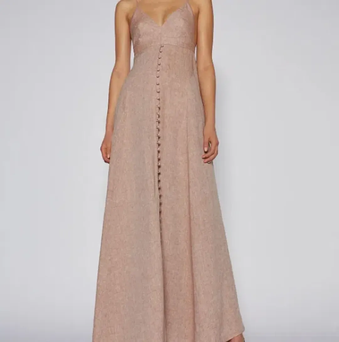 Scanlan Theodore Italian Linen Shoestring Dress Cappuccino Size 6 for rent on The Volte - main image