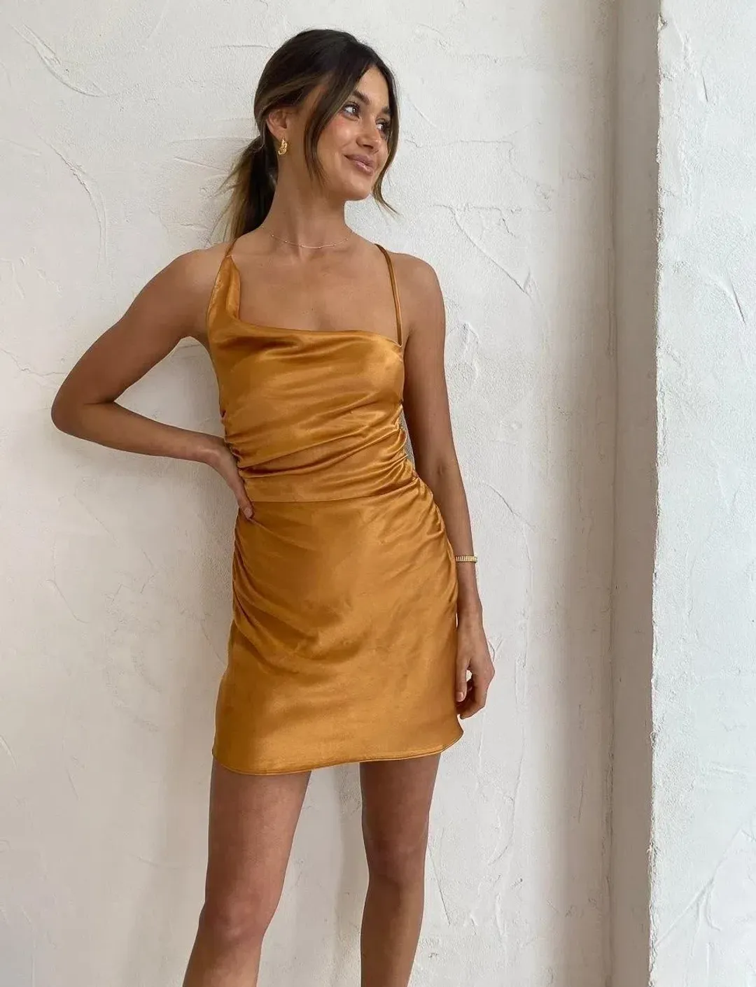 Shona Joy Alma Asymmetric Bias Cowl Midi Dress Tumeric Size 6 for rent on The Volte - main image
