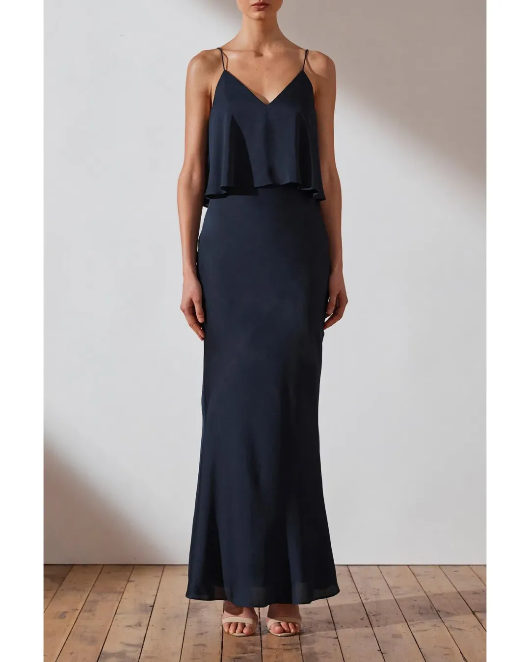 Shona Joy Bias Frill Slip Maxi Dress Navy Size 8 for rent on The Volte - main image