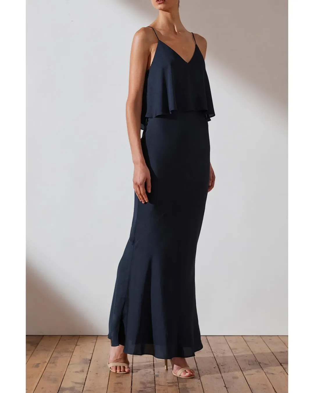 Shona Joy Bias Frill Slip Maxi Dress Navy Size 8 for rent on The Volte - main image