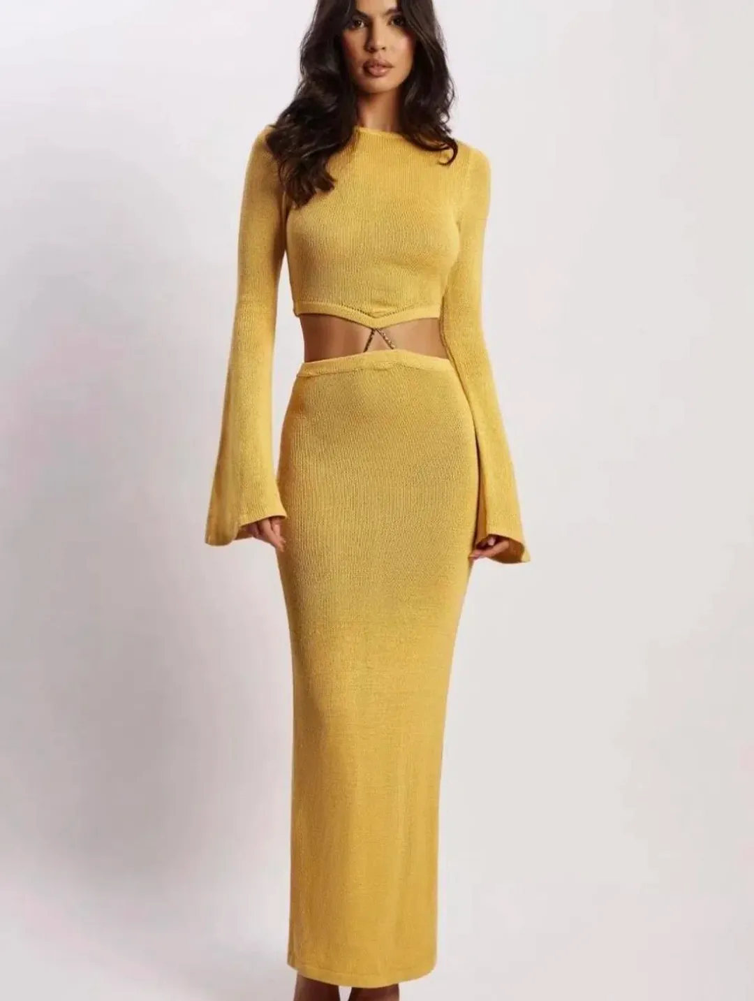 Meshki Anna Flare Sleeve Knit Maxi Dress Yellow Size M / AU 10 for rent on The Volte - main image