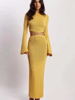 Meshki Anna Flare Sleeve Knit Maxi Dress Yellow Size M / AU 10 for rent on The Volte - image 2