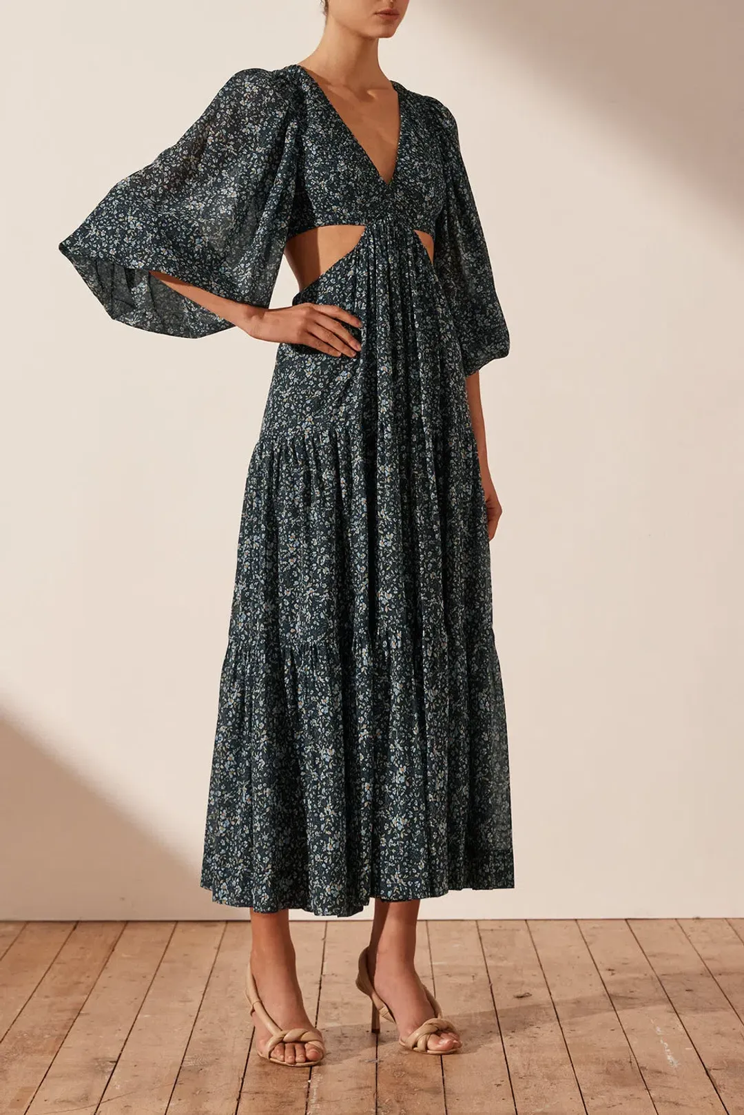 Shona Joy Denise Pin Tuck Cut Out Balloon Sleeve Midi Dress Floral Size 10 for rent on The Volte - main image